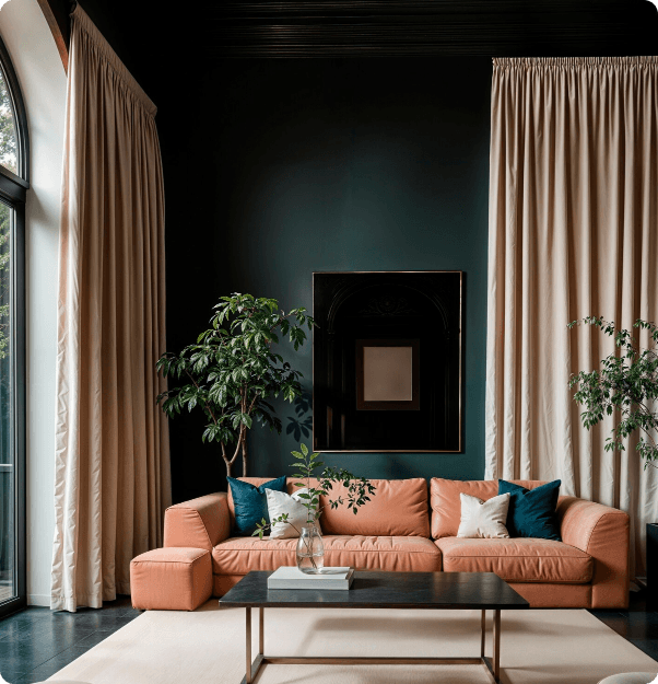 Luxury living room with orange sofa