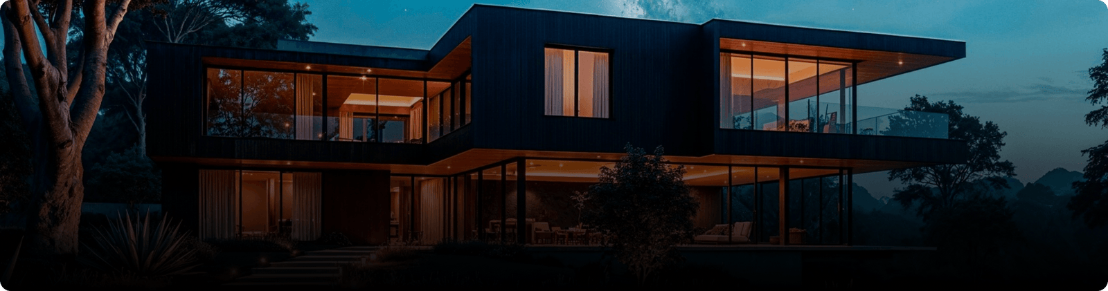 Modern dark villa at dusk